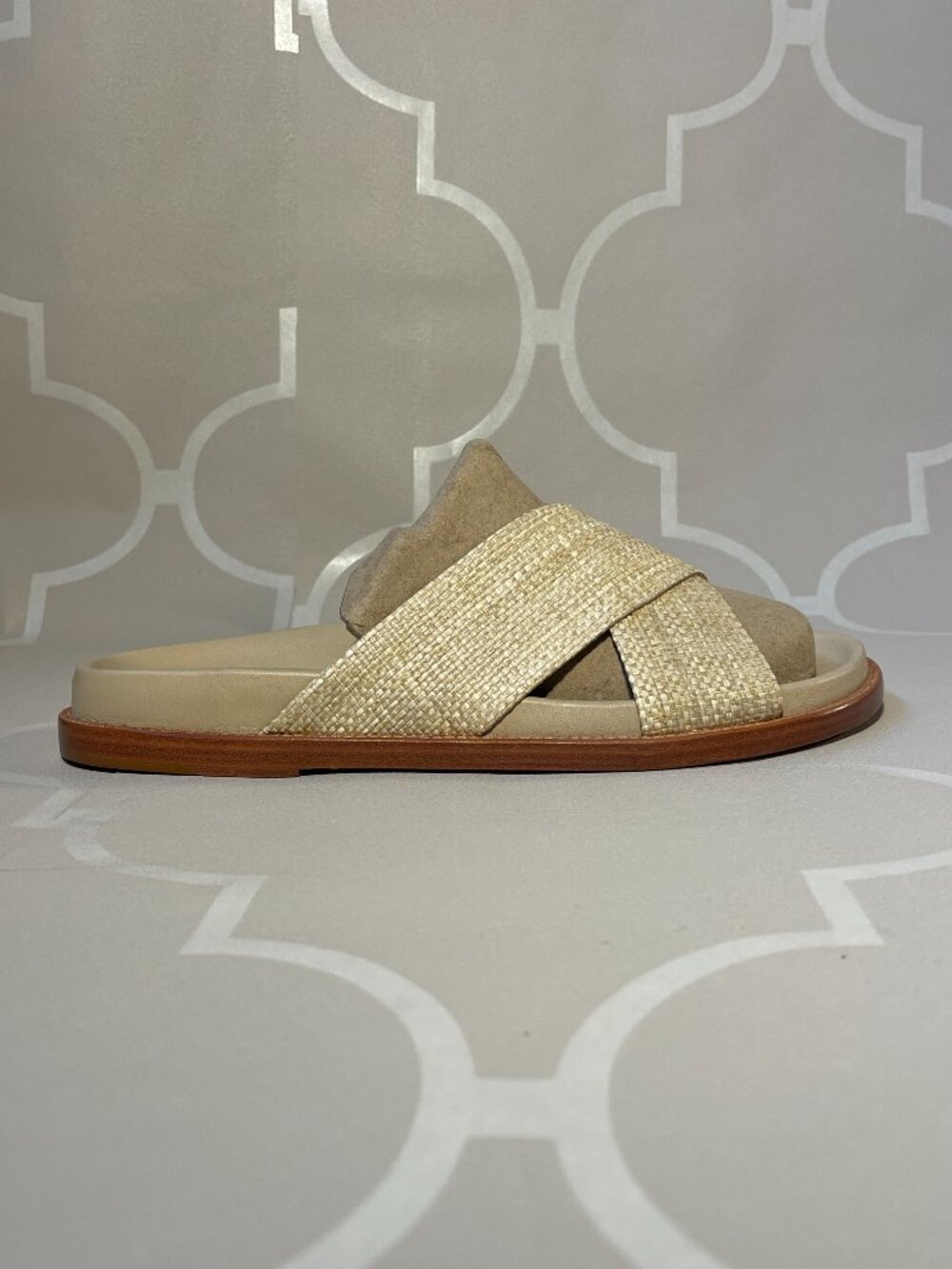 Porte & Paire Raffia Slides Beige Leather Footbed Sandals EU 38 Summer
